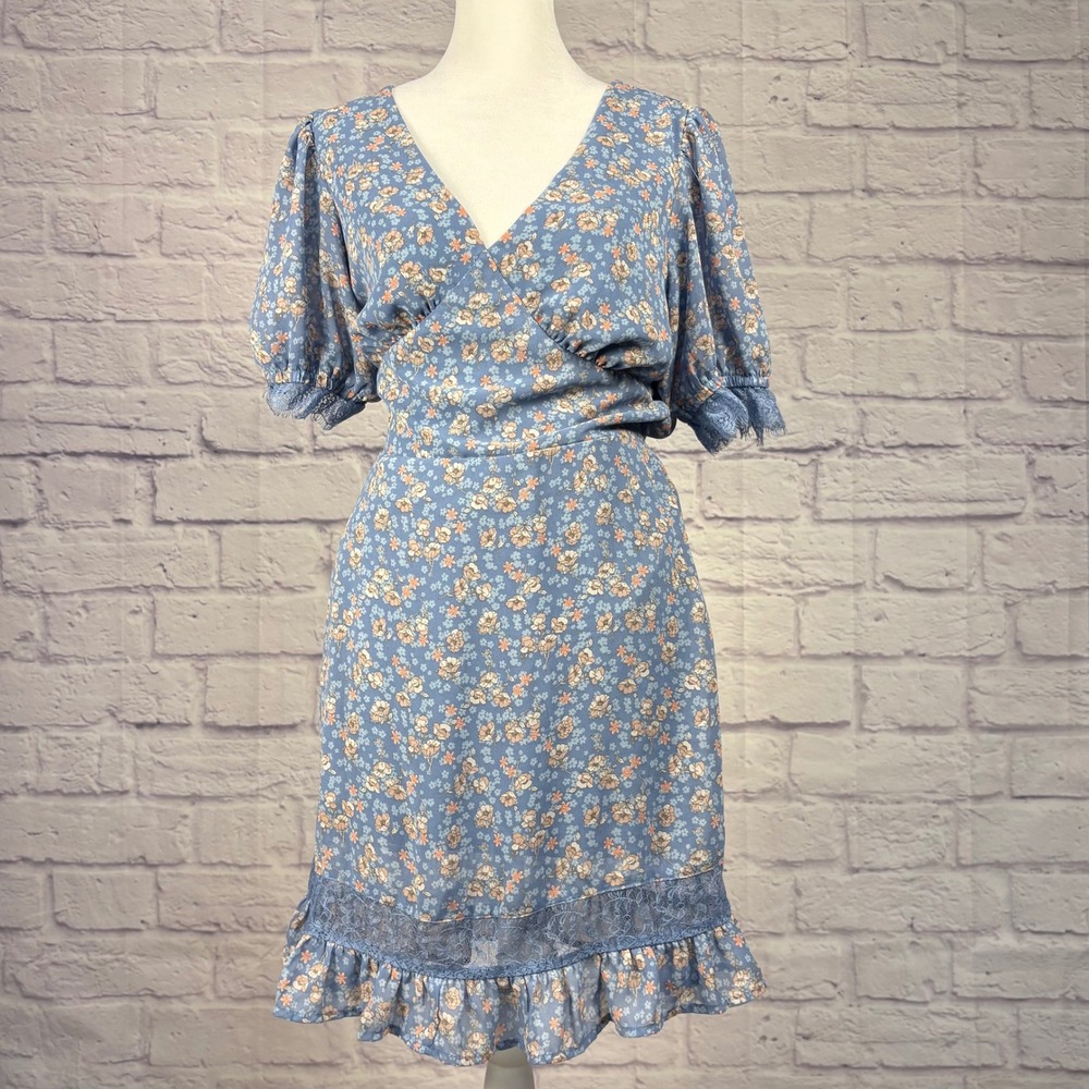Mimi Chica Blue Floral Lace Trim Puff Sleeve Mini Dress Large